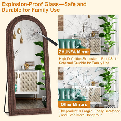 ZHUNFA Arched Full Length Mirror with Solid Wood Frame | 65x22 Farmhouse Wall Mirror Full Length with Stand, Vertical Hanging, Leaning Standing for Bedroom,Living Room, Rustic White