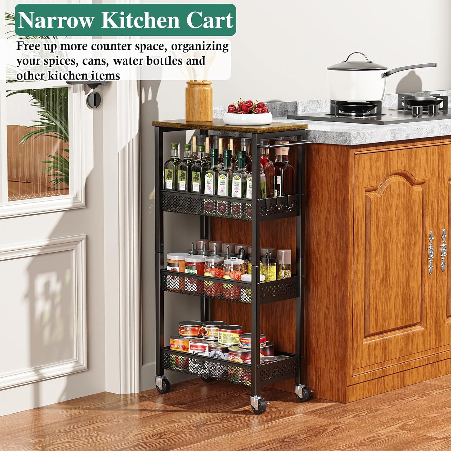 OKZEST Utility Slim Storage Cart, 4 Tier Small Rolling Kitchen Laundry Room Cart with Wood Top, Metal Narrow Bathroom Storage Cabinet Mobile Shelf Unit Organizer Trolley with Handle for Narrow Space