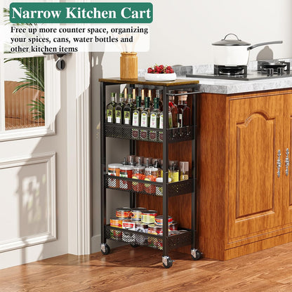 OKZEST Utility Slim Storage Cart, 4 Tier Small Rolling Kitchen Laundry Room Cart with Wood Top, Metal Narrow Bathroom Storage Cabinet Mobile Shelf Unit Organizer Trolley with Handle for Narrow Space