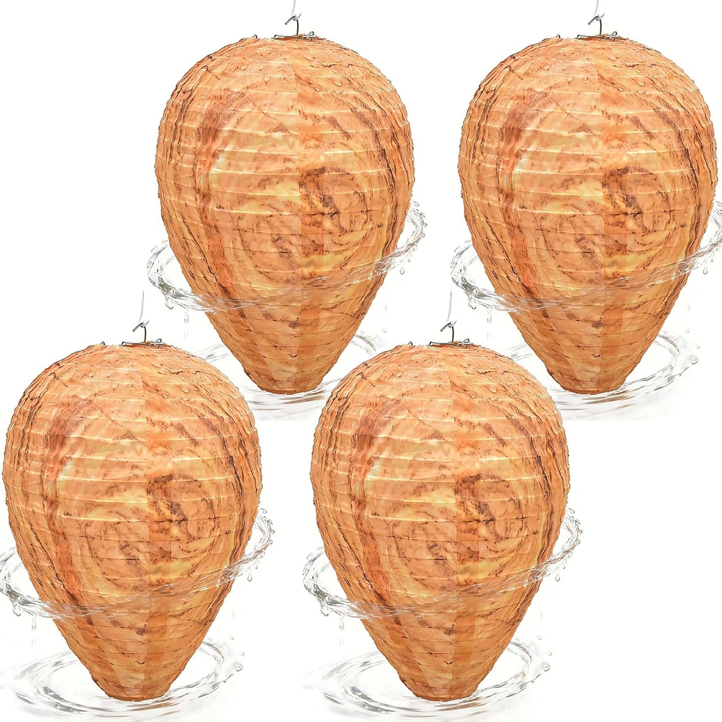 Fake Wasp Nest 4 Pack, Upgraded Waterproof Wasp Nest Decoy Outdoor Hanging, Realistic Artificial Hornet Nests with Stainless Steel Frame for Patio, Porch, Garden, Backyard, Under Eaves
