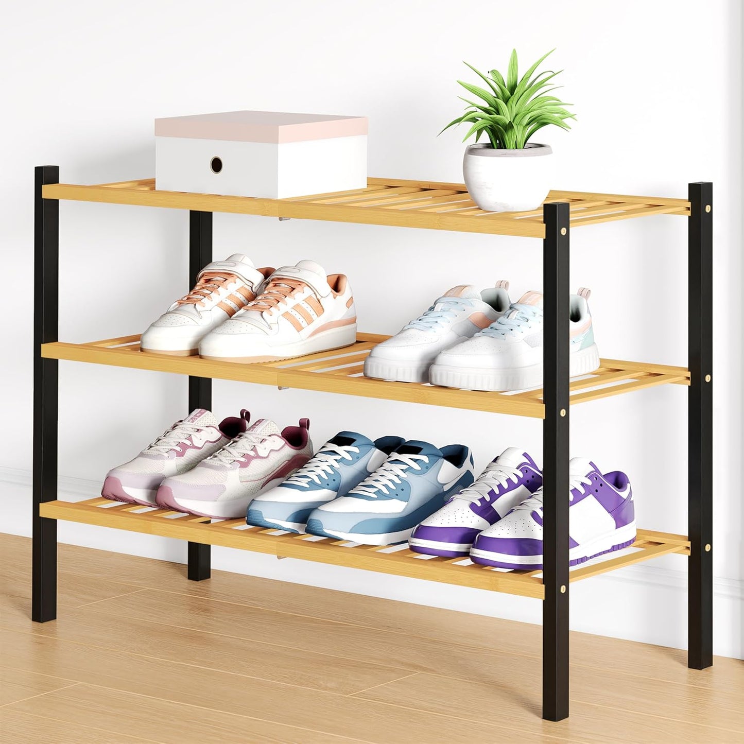 Smiry Bamboo Shoe Rack for Closet, 3 Tier Wooden Shoe Organizer, Stackable Wood Shoe Storage Shelf for Entryway, 14 Vertical Slats, One-piece Heavy-Duty Legs, 26.77"x11.02"x18.31", Natural