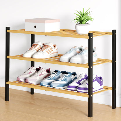Smiry Bamboo Shoe Rack for Closet, 3 Tier Wooden Shoe Organizer, Stackable Wood Shoe Storage Shelf for Entryway, 14 Vertical Slats, One-piece Heavy-Duty Legs, 26.77"x11.02"x18.31", Natural