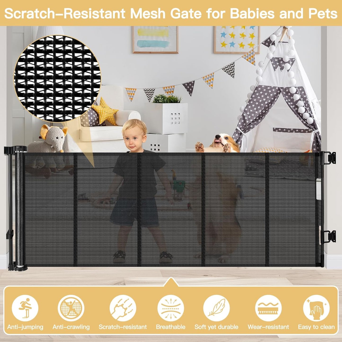 Reinforced 28-Inch Tall Retractable Baby Gates for Doorways, Walk Through Pet Gate for Stairs, Short Baby Gate with Support Rods, 55 Inch Wide Mesh Gate Retractable Gate Small Dog Gate, Gray