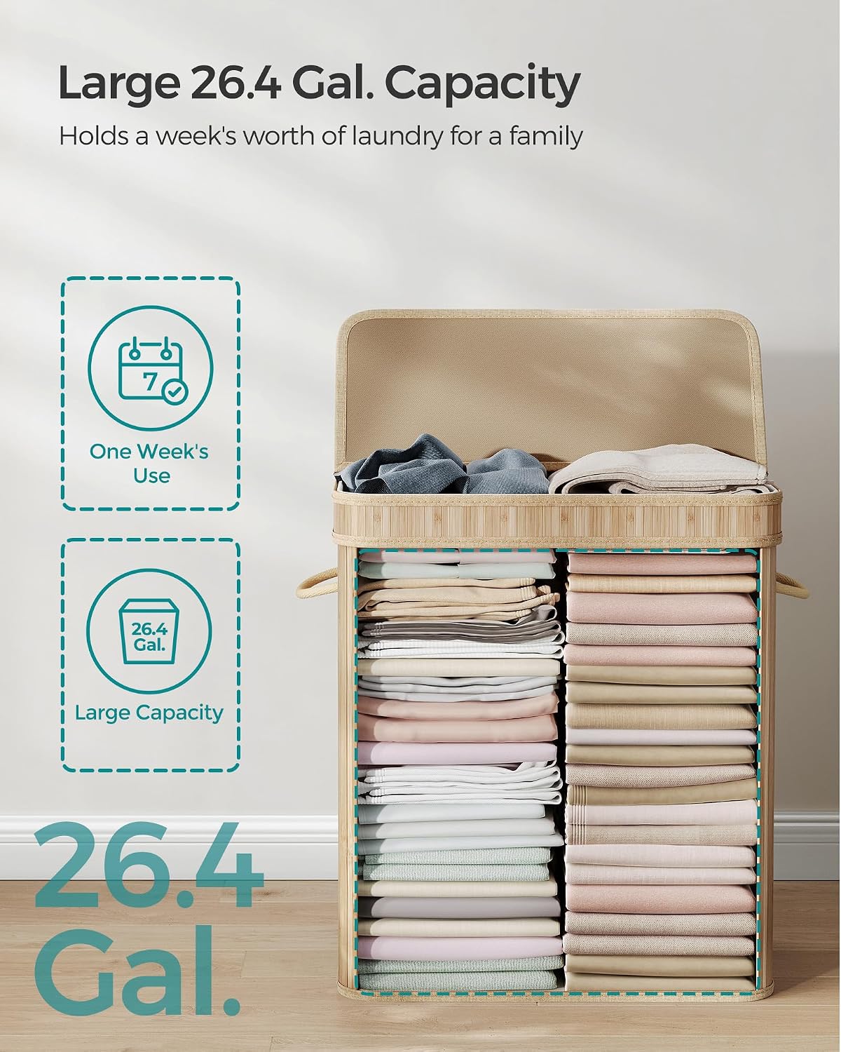 SONGMICS Laundry Hamper with Lid, Bamboo Launry Basket with Handles, Foldable Storage Basket for Laundry Room, Bedroom, 100L, Brown ULCB063K02