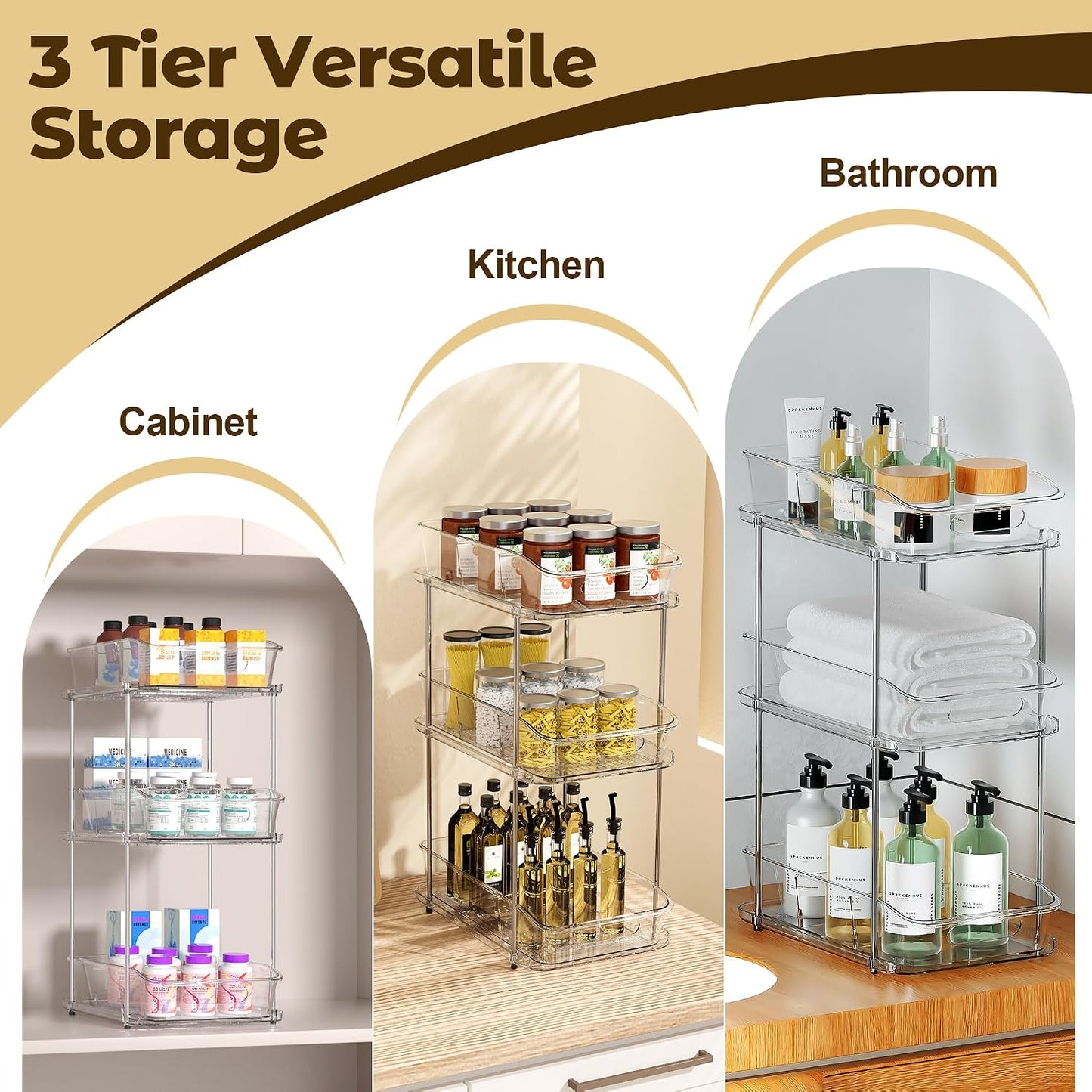 incostar 2 Tier Pull-Out Organizer for Bathroom Kitchen, Under Sink Storage with Dividers, Ideal for Cabinet, Cupboard Organization, Slide-Out Clear Storage, 1 Pack