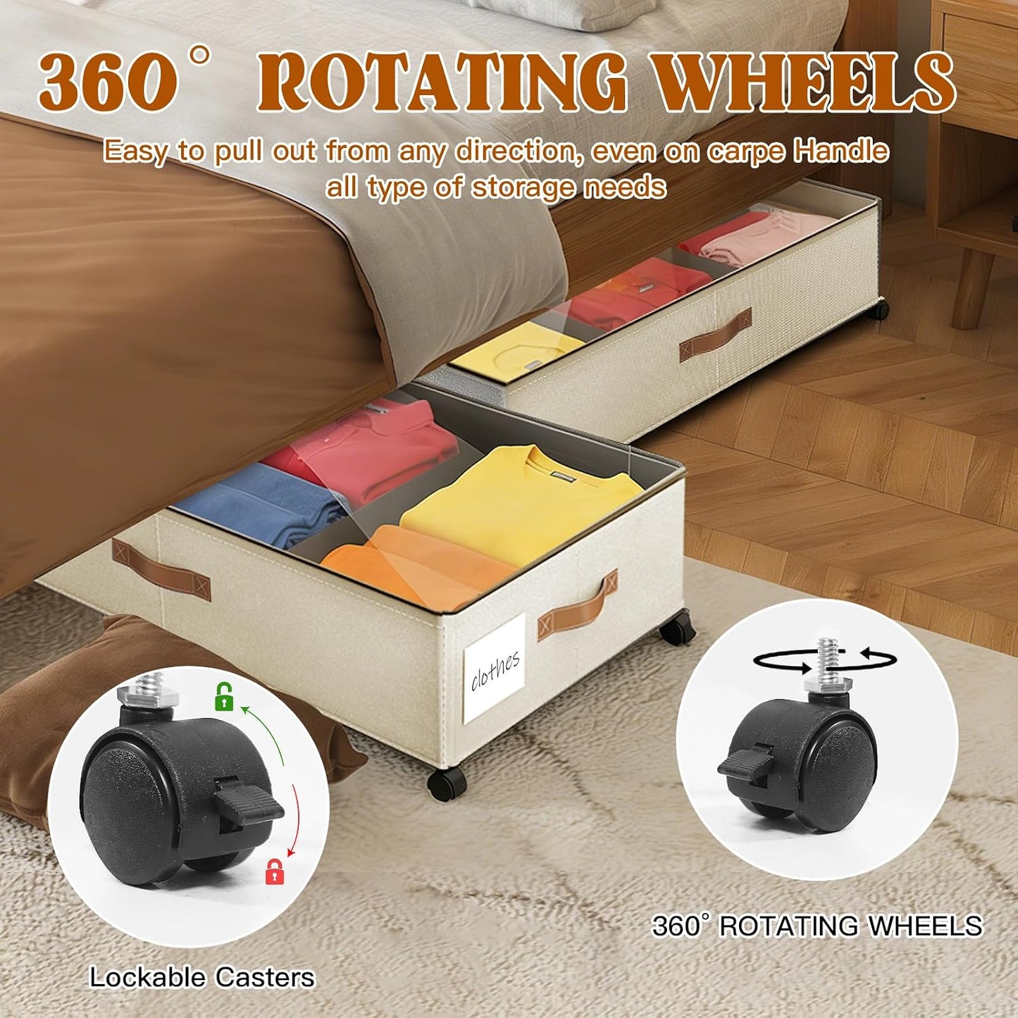 Under Bed Storage with Wheels, Rolling Under Bed Storage Containers with Clear Lid and Handles for Clothes, Shoes, Blankets, Pillows, Toys, Books, Bags (60L, 30.9 x 16.9 x 6.7in, Black, 2 Pack)