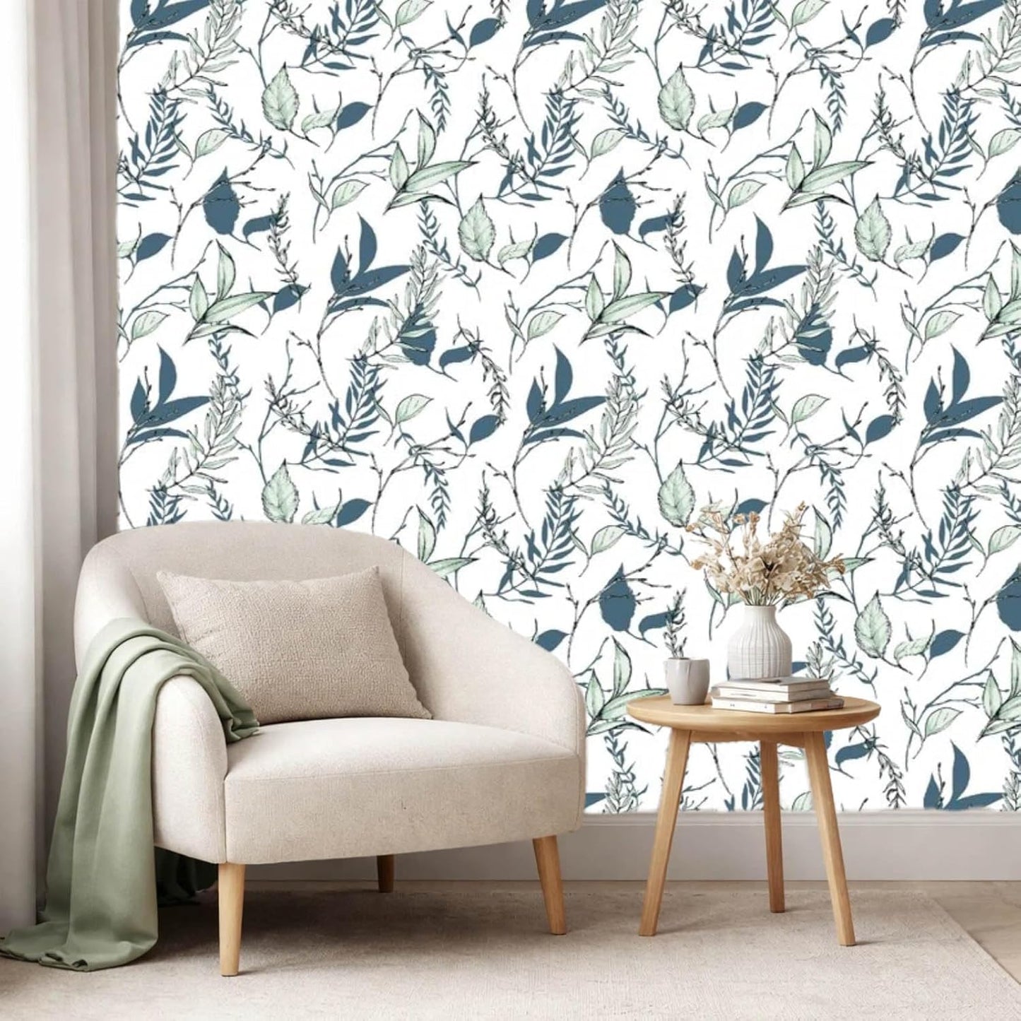 Sage Green and Blue Leaf Peel and Stick Wallpaper Modern Removable Self Adhesive Waterproof Renter Friendly Wall Covering for Bathroom and Accent Walls 17.7in x 88.5in