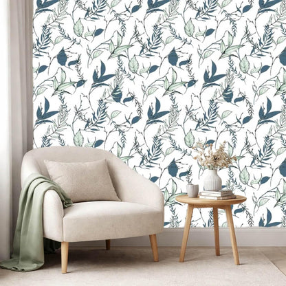 Sage Green and Blue Leaf Peel and Stick Wallpaper Modern Removable Self Adhesive Waterproof Renter Friendly Wall Covering for Bathroom and Accent Walls 17.7in x 88.5in