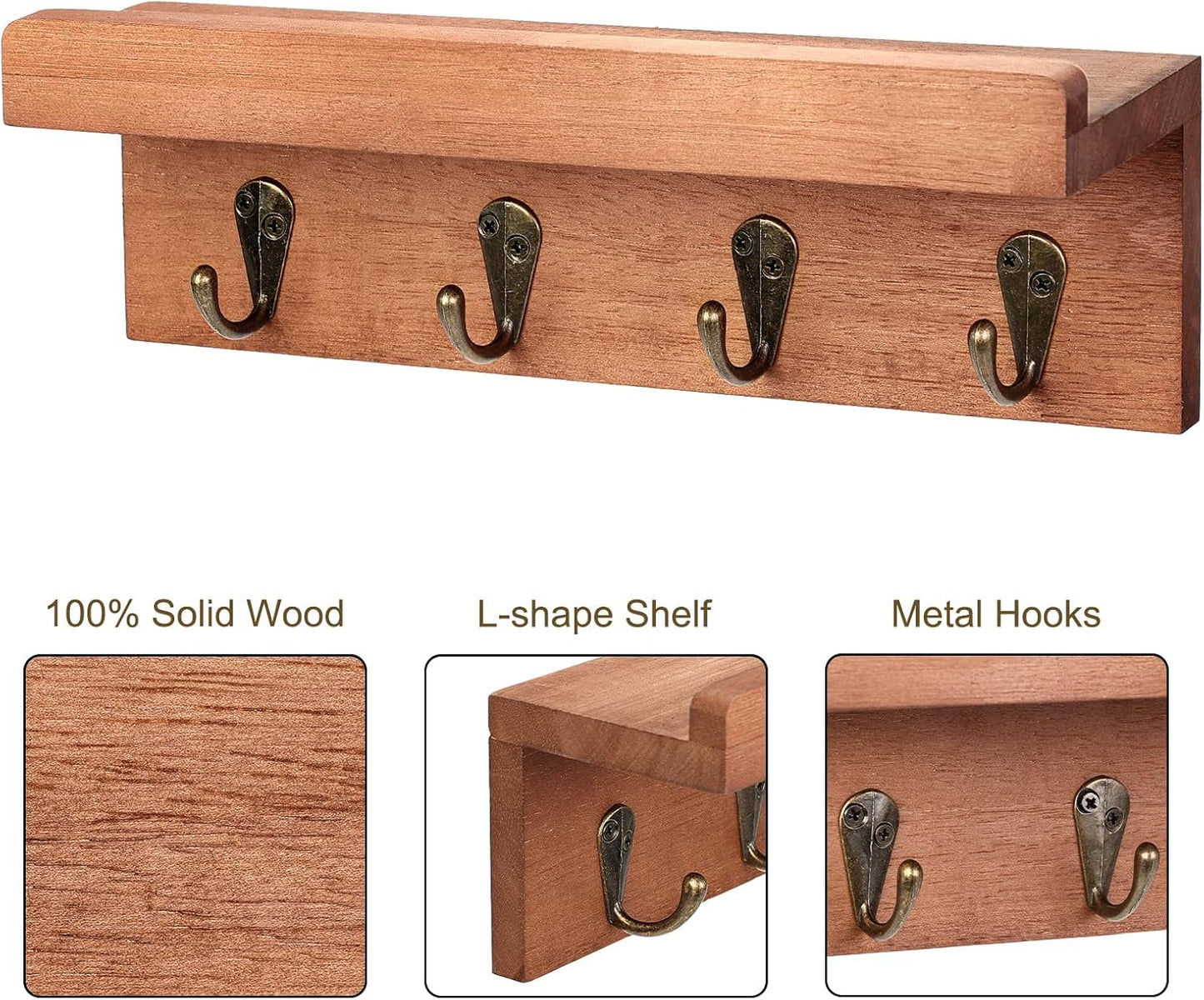 HRONRAD Rustic Key Holder for Wall, Farmhouse Wall Shelf with 4 Hooks, Wall Mounted Key Racks, Wooden Mail Organizer with Hooks for Entryway (Brown)