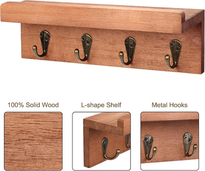 HRONRAD Rustic Key Holder for Wall, Farmhouse Wall Shelf with 4 Hooks, Wall Mounted Key Racks, Wooden Mail Organizer with Hooks for Entryway (Brown)