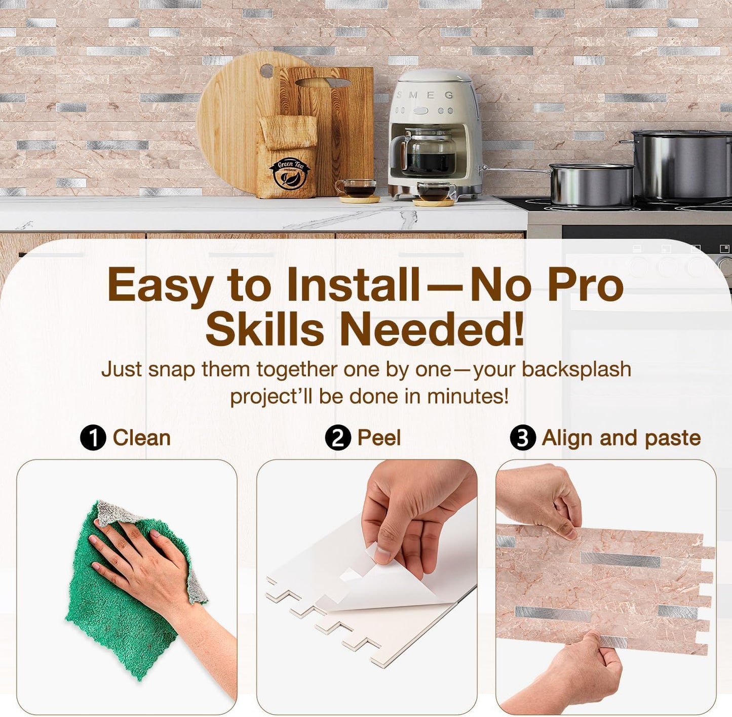 Peel and Stick Backsplash Tile Waterproof Removable PVC Wall Sticker 3D Faux Stone Marble Brick White Accent Panels (White Marble - Metal Silver, 20 Tiles - 9 sq. ft. (0.84 M²))