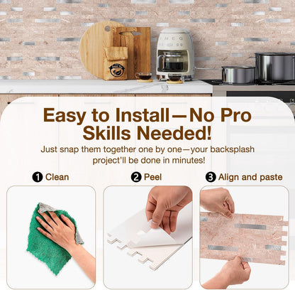 Peel and Stick Backsplash Tile Waterproof Removable PVC Wall Sticker 3D Faux Stone Marble Brick White Accent Panels (White Marble - Metal Silver, 20 Tiles - 9 sq. ft. (0.84 M²))