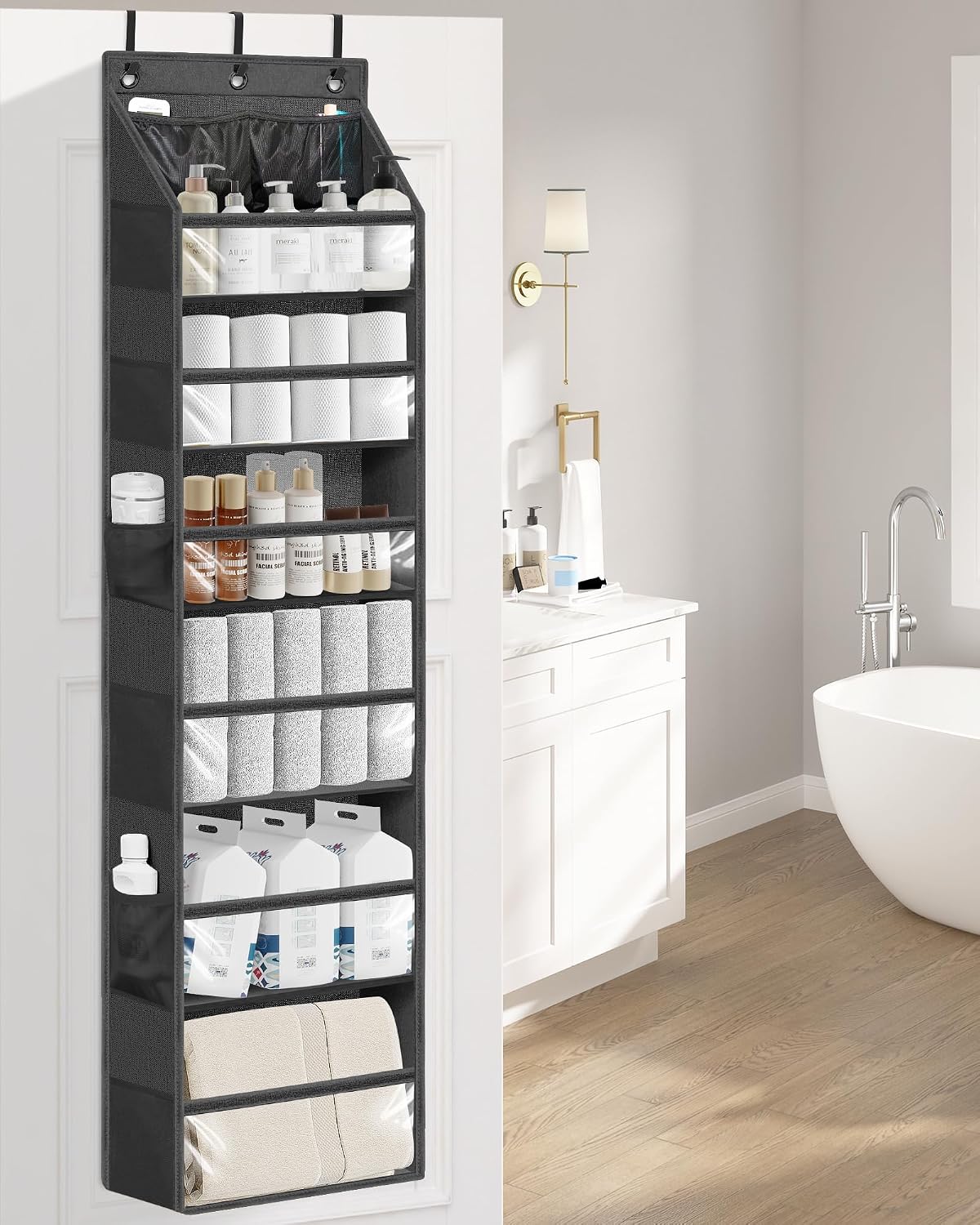 STORAGE MANIAC Over the Door Organizer 6-Shelf Closet Hanging Storage with 14 Mesh Pockets, 66lbs Capacity Clear Deep Pockets Behind Door Storage for Nursery, Bathroom, Bedroom, 1 Pack Grey
