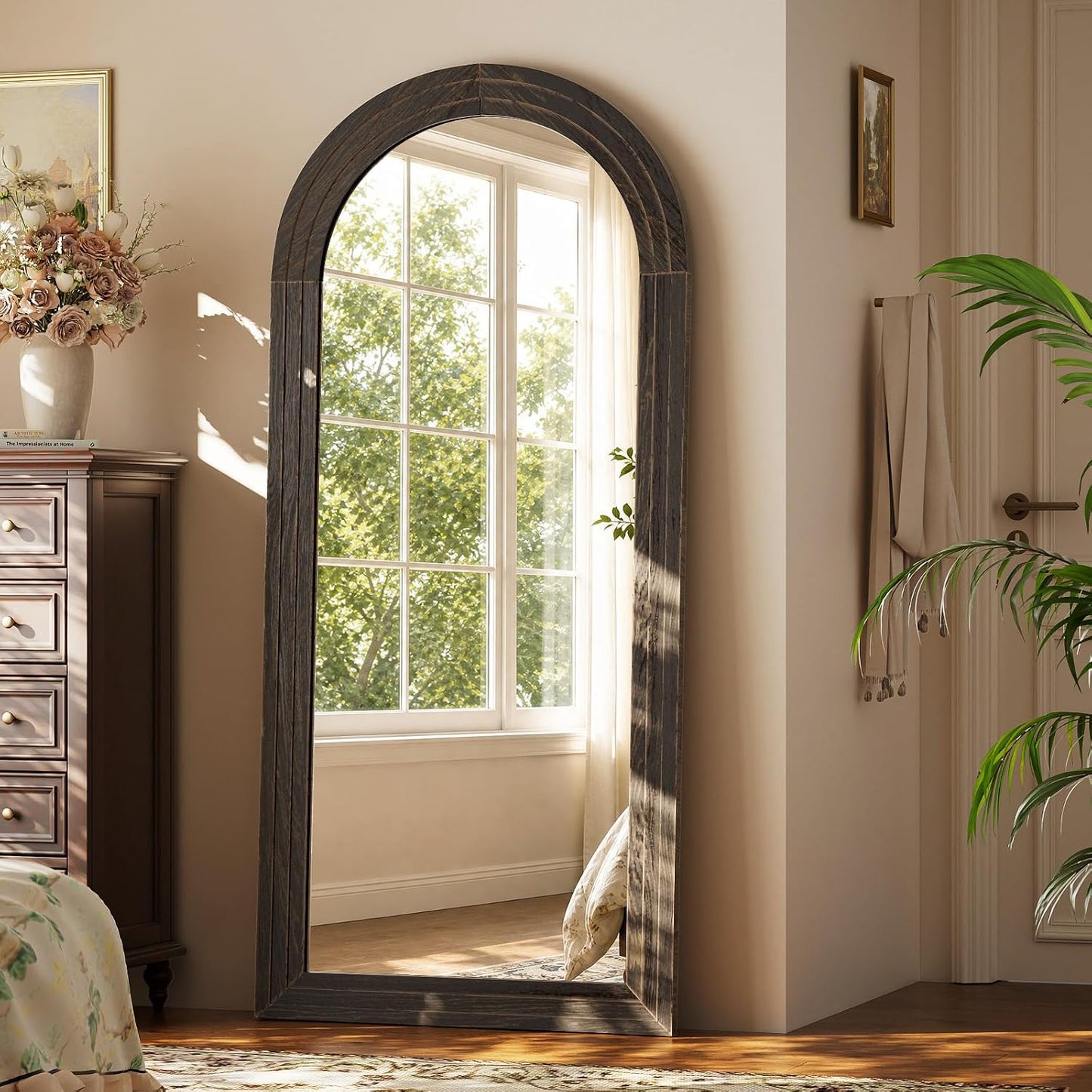 XRAMFY Full Length Mirror 65" x 22", Arched Large Floor Mirror with Solid Wood Frame, Freestanding & Wall Mounted, Antique Brown Finish for Bedroom Living Room