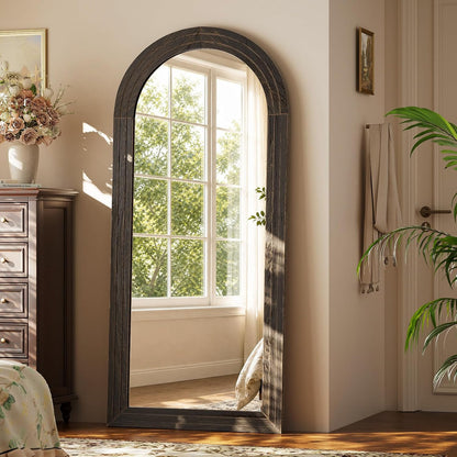 XRAMFY Full Length Mirror 65" x 22", Arched Large Floor Mirror with Solid Wood Frame, Freestanding & Wall Mounted, Antique Brown Finish for Bedroom Living Room