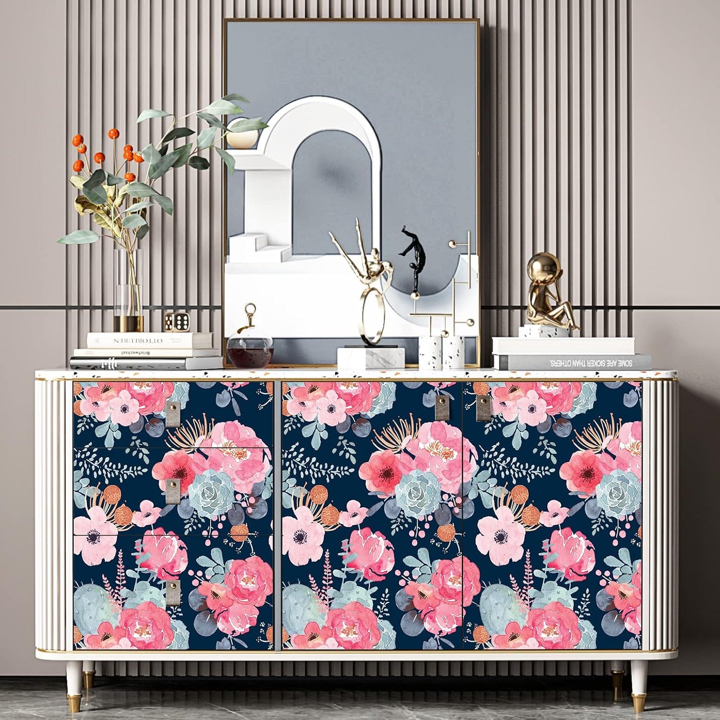 Floralplus Floral Wallpaper Peel and Stick Removable Wallpaper Boho Renter Friendly Dark Flower Wallpapers Contact Paper for Walls Cabinet Bedroom Bathroom Decor 17.5 in x 118 in