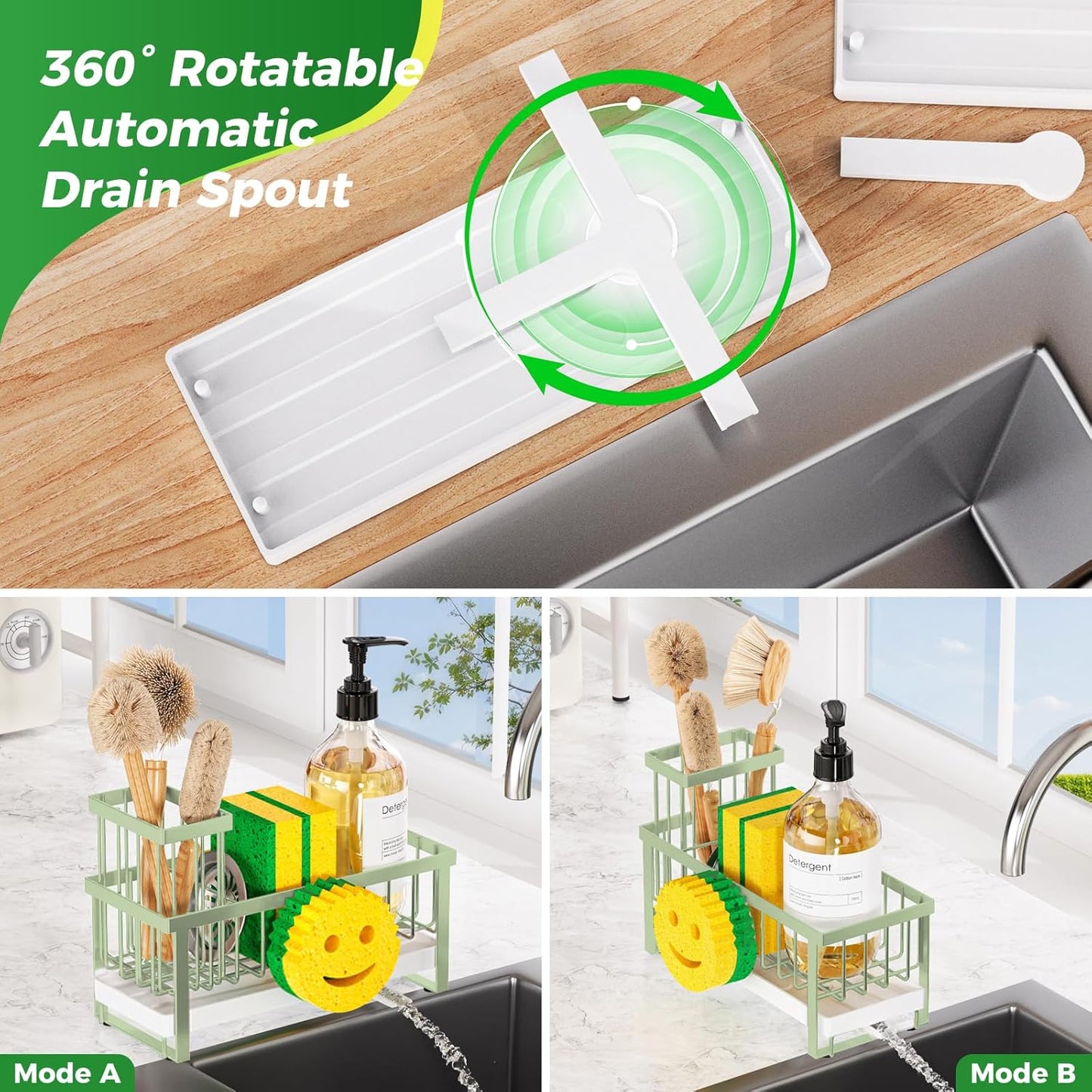 Sponge Holder for Kitchen Sink,Smiley Face Sink Caddy with Removable Brush Holder,Self-Draining Sponge Caddy for Soap,Dish Brush,Scrubber,Kitchen Essentials and Gadgets-Silver