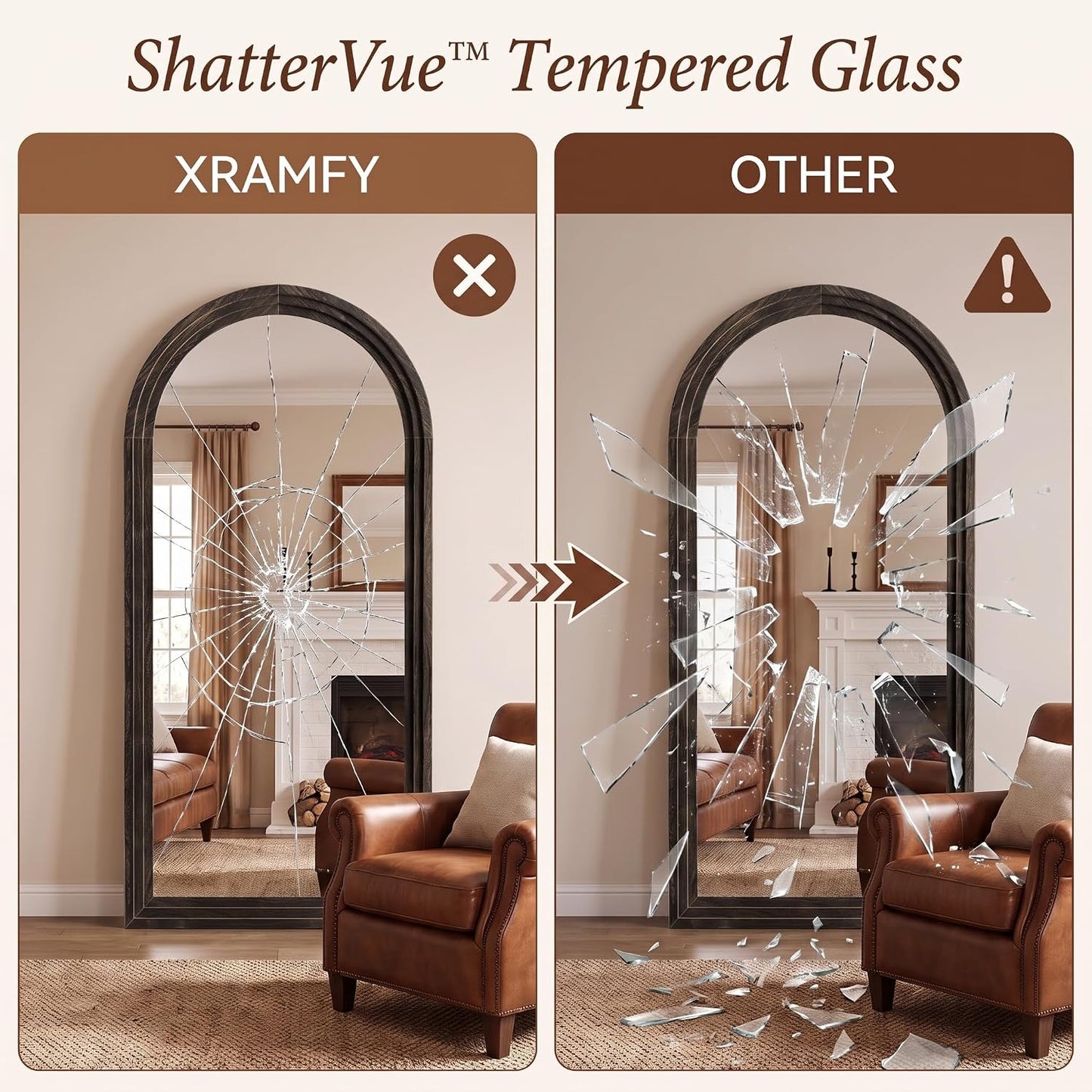 XRAMFY Full Length Mirror 65" x 22", Arched Large Floor Mirror with Solid Wood Frame, Freestanding & Wall Mounted, Antique Brown Finish for Bedroom Living Room
