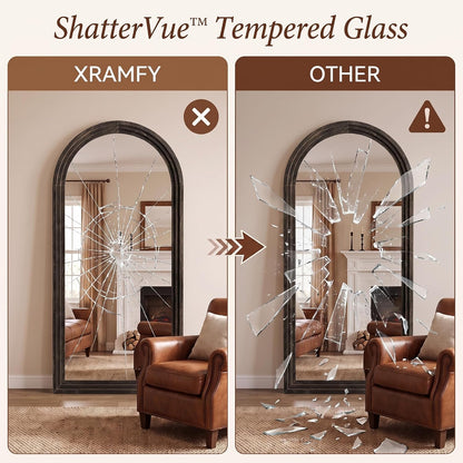 XRAMFY Full Length Mirror 65" x 22", Arched Large Floor Mirror with Solid Wood Frame, Freestanding & Wall Mounted, Antique Brown Finish for Bedroom Living Room