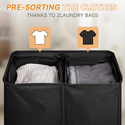 Chrislley 140L Laundry Hamper 2 Section, Double Laundry Basket with Lid, Large Dirty Clothes Hamper with Removable Liner Bags, Collapsible Laundry Organizer for Bedroom, Dorm,Beige