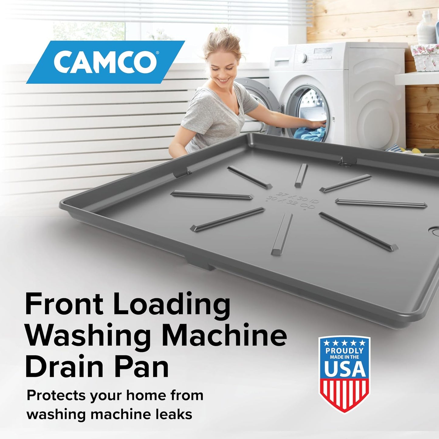 Camco Washing Machine Drain Pan - Features a Durable Plastic Construction, 1-inch/1.5-inch PVC Drain Fitting, and Measures 30-inches (L) x 32-inches (W) x 2 ½-inches (H) (OD) (20750)