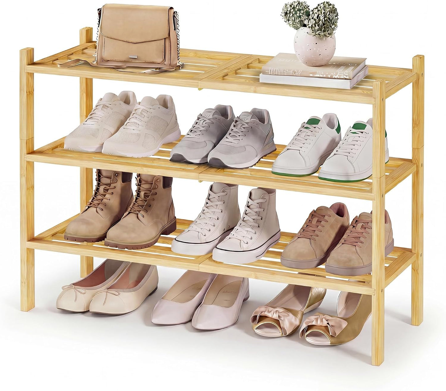 SONGMICS Bamboo Shoe Rack for Closet, Stackable Shoe Oragnizer with Modular Structure, Space-Saving Free Standing Shelf for Entryway Bedroom, 2-Tier, Holds 9-12 Pairs, Natural Color ULBS052YL01