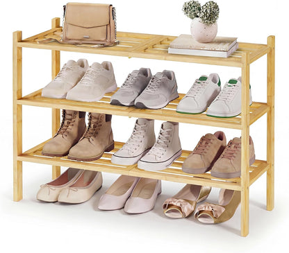 SONGMICS Bamboo Shoe Rack for Closet, Stackable Shoe Oragnizer with Modular Structure, Space-Saving Free Standing Shelf for Entryway Bedroom, 2-Tier, Holds 9-12 Pairs, Natural Color ULBS052YL01