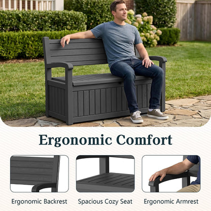Outdoor Bench, Waterproof Garden Bench with Storage, 100 Gallon Lockable Resin Deck Box, Weatherproof Bench Seating for Patio Yard Cushions Tools, Black