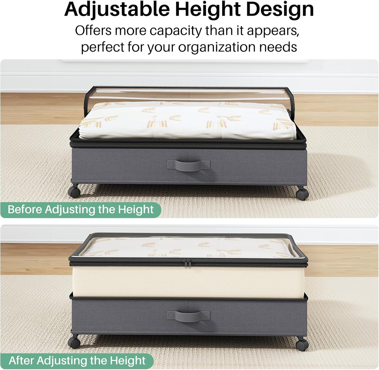 Kitstorack Under Bed Storage with Wheels 2Pack Height-adjustable Under Bed Storage Containers,Under Bed Shoe Storage Organizer with Clear Window&Label, Suitable for Clothes Storage, Gray