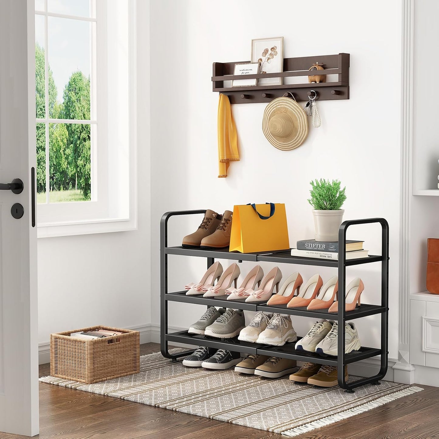 SNTD Shoe Rack - Expandable Shoe Organizer for Closet, Adjustable Metal Shoe Shelf Storage, Stackable Long Shoe Stand Holder for Garage, Entryway, Door Entrance (Black, 2-Tier)