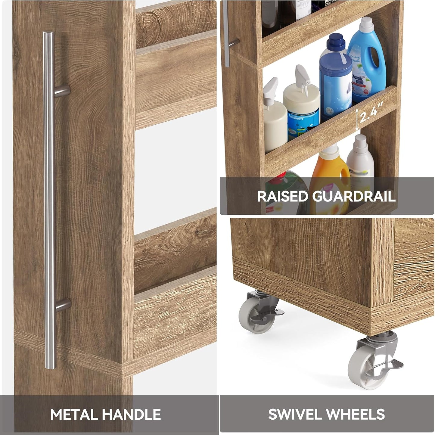 LITTLE TREE 63-Inch Slim Storage Cart on Wheels, 5-Tier Tall Narrow Mobile Shelf Organizer, Rolling Utility Cart with Metal Handle for Kitchen, Dining Room, Small Spaces, White