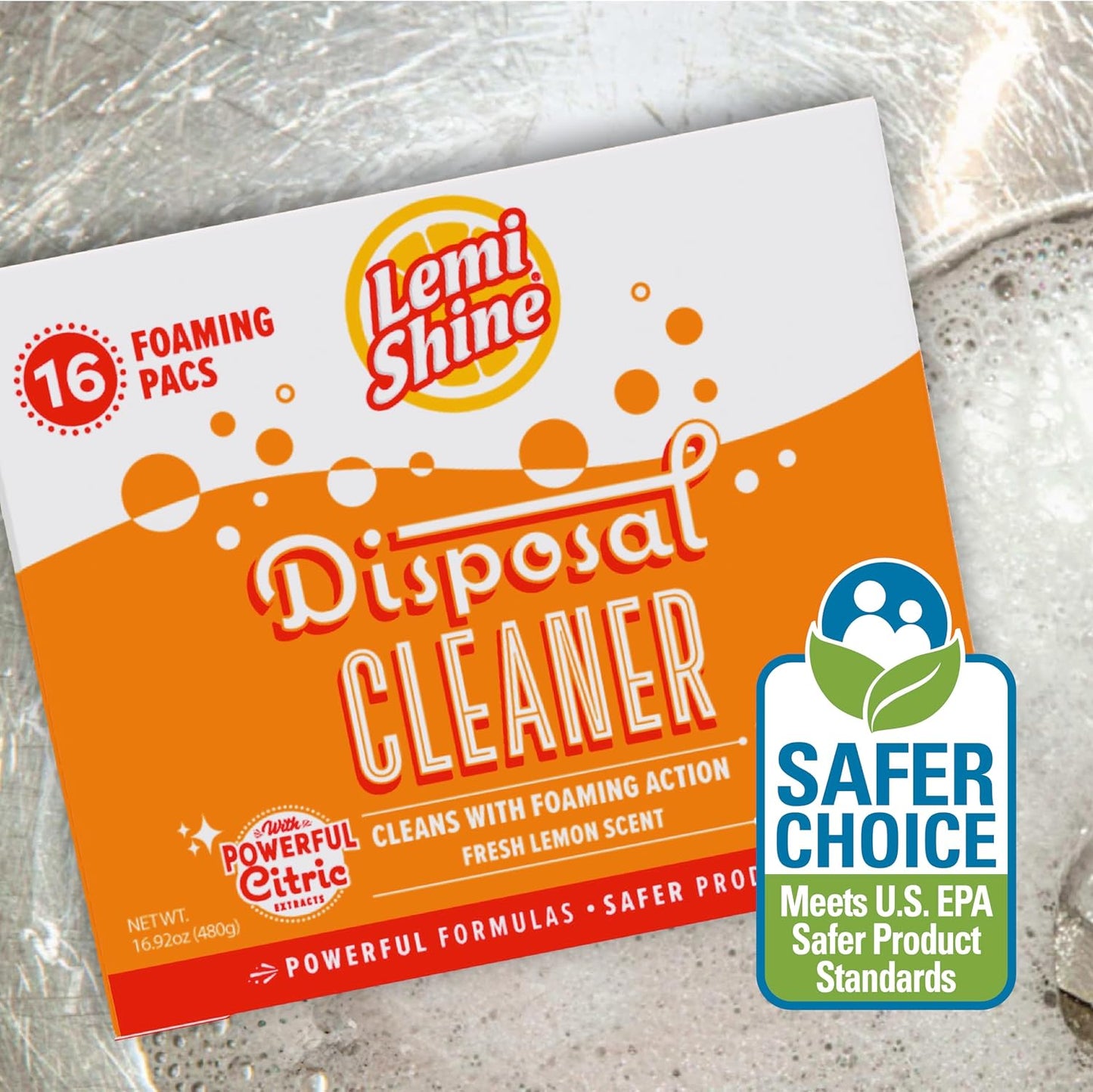 Lemi Shine Garbage Disposal Cleaner and Deodorizer Powered By Citric Acid | Foam Cleaner For Kitchen Garbage Disposal with a Natural, Fresh Lemon Scent (2 Count)
