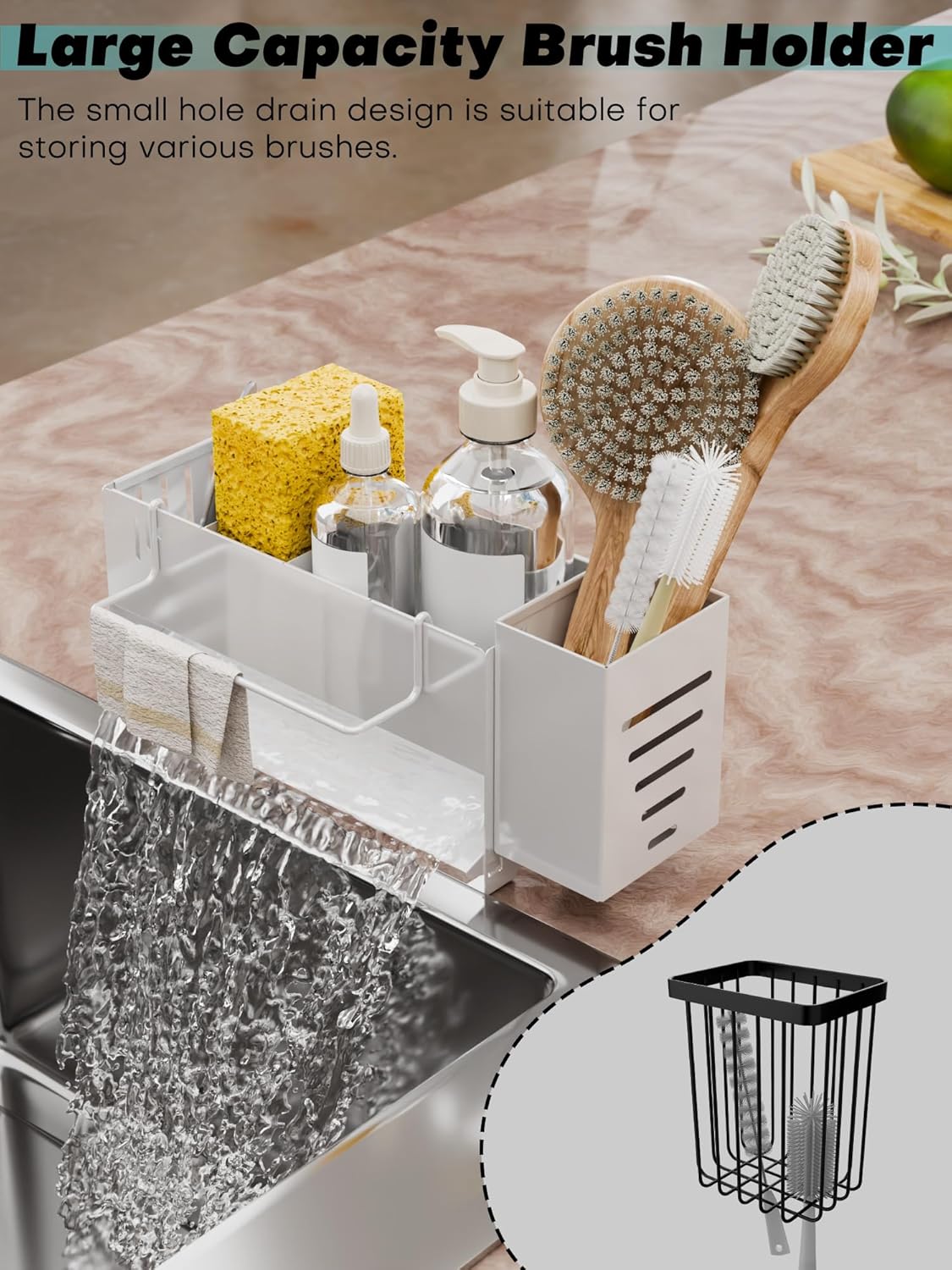 Kitchen Sink Caddy Organizer, Sponge Holder for Kitchen Sink with Upgraded Extra-Wide Drain Board, Efficient Drainage, Stainless Steel with Rust-Resistant Coating