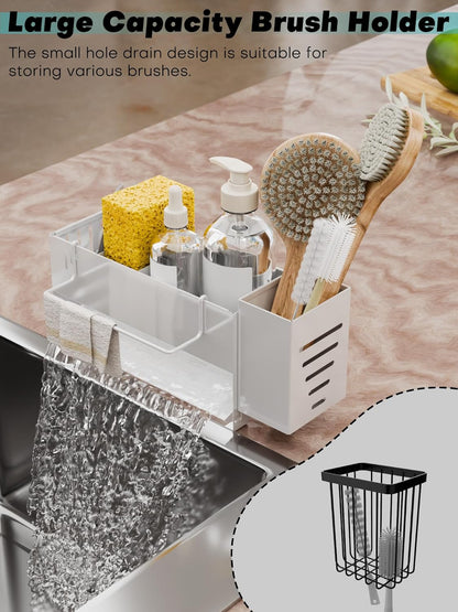 Kitchen Sink Caddy Organizer, Sponge Holder for Kitchen Sink with Upgraded Extra-Wide Drain Board, Efficient Drainage, Stainless Steel with Rust-Resistant Coating
