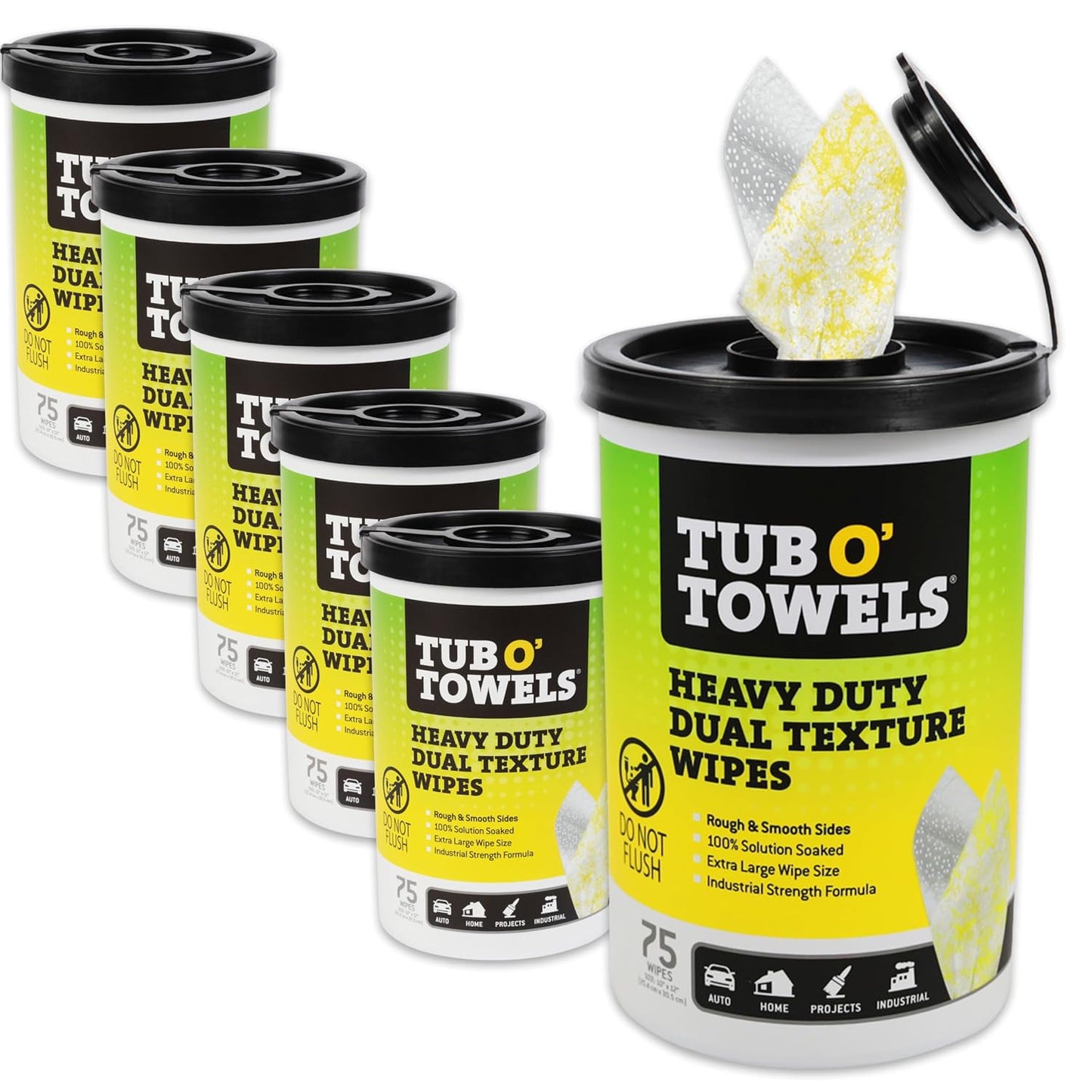 Tub O' Towels TW75 Heavy-Duty Multi-Surface Cleaning Wipes, Pack of 1 – XL 10" x 12" Dual-Texture Wipes – Helps Remove Grease, Oil, Tar, Paint, Ink & Tough Messes – For Home, Garage, Auto & Workshop