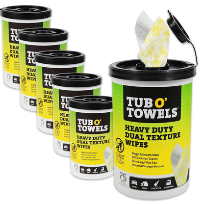 Tub O' Towels TW75 Heavy-Duty Multi-Surface Cleaning Wipes, Pack of 1 – XL 10" x 12" Dual-Texture Wipes – Helps Remove Grease, Oil, Tar, Paint, Ink & Tough Messes – For Home, Garage, Auto & Workshop
