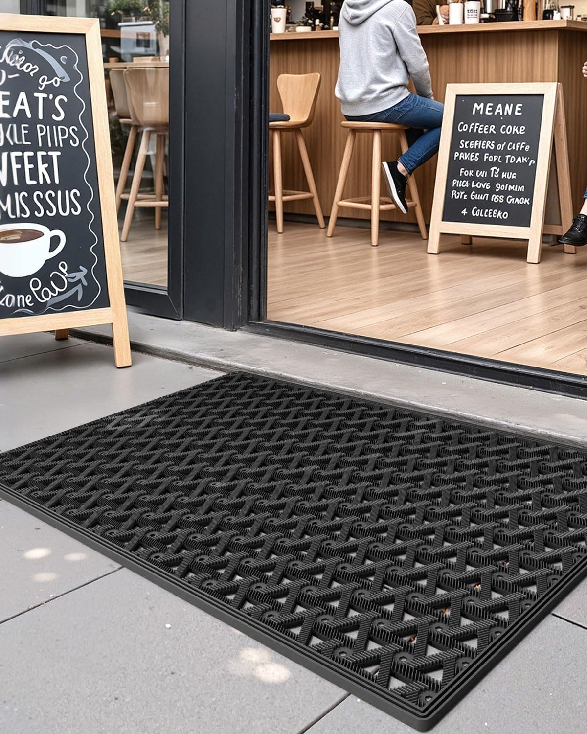 DEXI Front Door Mat Outside Entrance Rubber Floor Doormat, 19x30 Black | Welcome Heavy Duty Non Slip, Dirt Trapper Waterproof Exterior Entry Mats All Weather for Patio Entryway Drainage