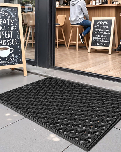 DEXI Front Door Mat Outside Entrance Rubber Floor Doormat, 19x30 Black | Welcome Heavy Duty Non Slip, Dirt Trapper Waterproof Exterior Entry Mats All Weather for Patio Entryway Drainage