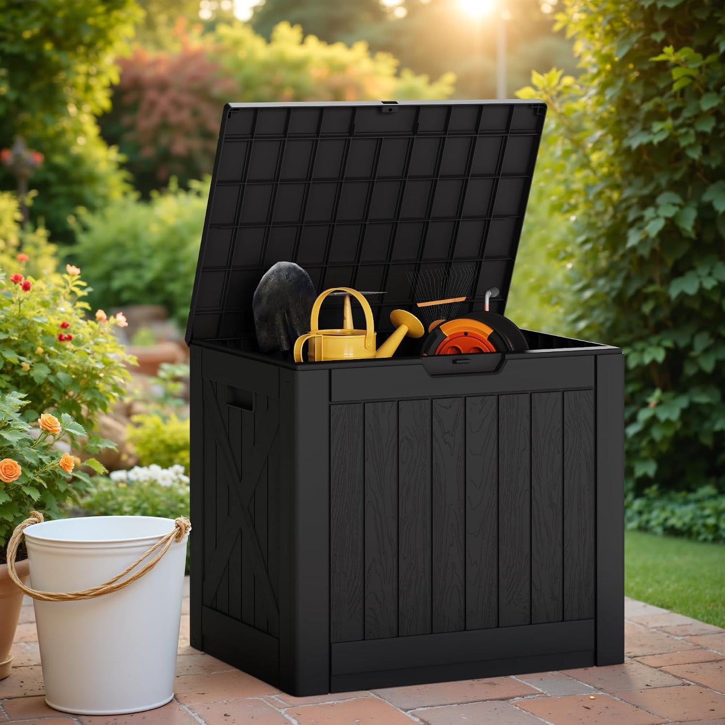 Greesum Outdoor Storage Box 31 Gallon Storage Box with Lid for Patio Furniture, Garden Tools, Pool Supplies, Waterproof and UV Resistant, Lockable, Dark Black
