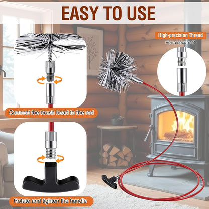 Feekoon Pellet Stove Cleaning Kit, 10 FT Flexible Steel Rod with 3" Brush Head, Flue Detail Cleaner, Pellet Stove Accessories for Vent Pipes Cleaning - Reduce Buildup & Improve Airflow