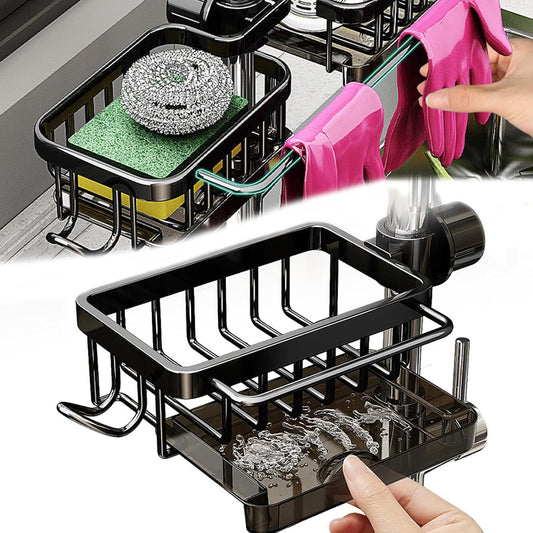 Kitchen Sink Faucet Organizer Multifunction Sponge Holder Organizer Sink Drain Holder Over Faucet Kitchen Sink Caddy with Hook Adjustable for 0.7-1.1inch Round Water Pipe (Black, B)