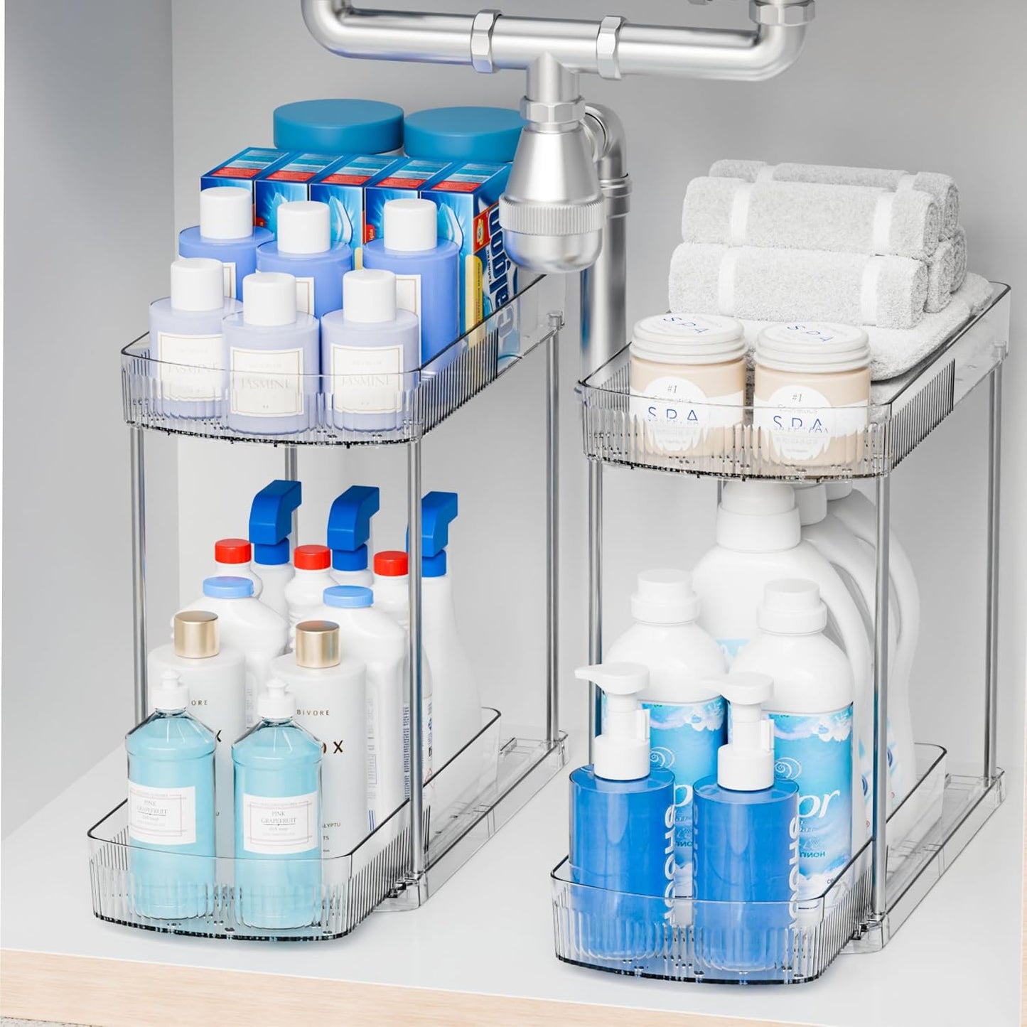 2 Pack 3 Tier Large Pull Out Bathroom Organizers and Storage,13.8″ Deep Sliding Kitchen Under Sink Organizer for Cleaning Products Storage,Acrylic Clear Bathroom inder Sink Organizer,Undersink Storage