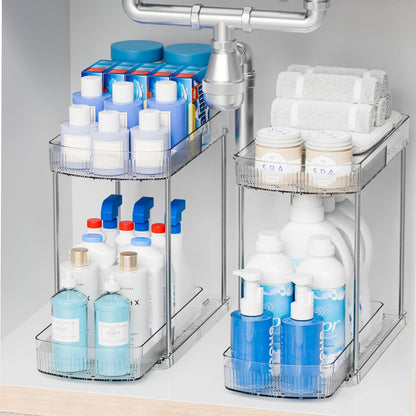 2 Pack 3 Tier Large Pull Out Bathroom Organizers and Storage,13.8″ Deep Sliding Kitchen Under Sink Organizer for Cleaning Products Storage,Acrylic Clear Bathroom inder Sink Organizer,Undersink Storage