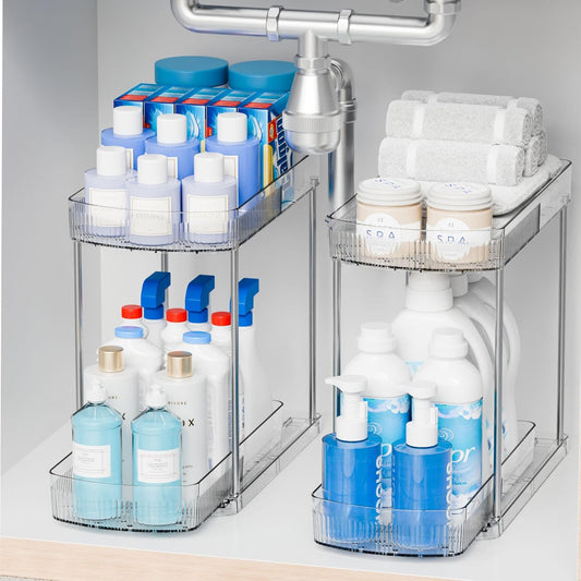 2 Pack 3 Tier Large Pull Out Bathroom Organizers and Storage,13.8″ Deep Sliding Kitchen Under Sink Organizer for Cleaning Products Storage,Acrylic Clear Bathroom inder Sink Organizer,Undersink Storage