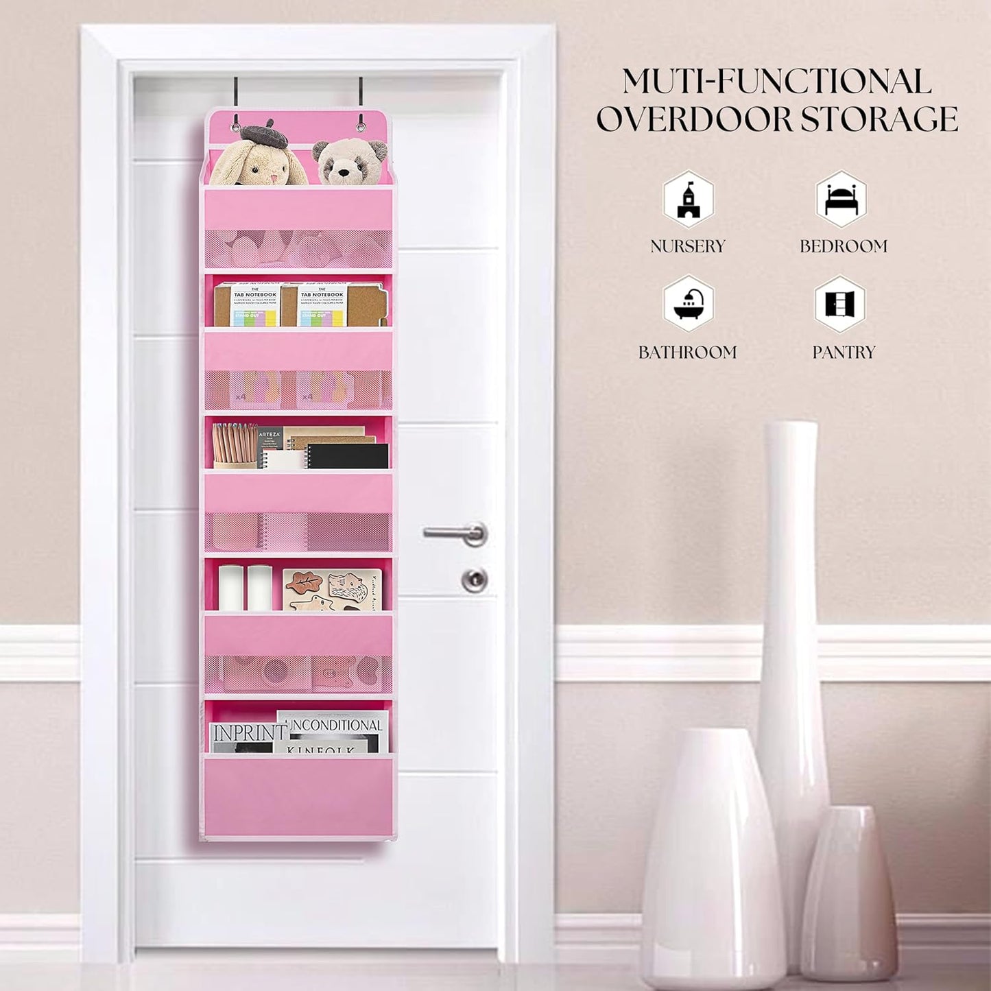 TYMENSH White Over Door Organizer with 5 Large Clear Pockets and 6 Side Mesh Pockets, Anti-Tilt Hanging Door Storage for Nursery, Bathroom, Closet, Bedroom, Dorm, Toys