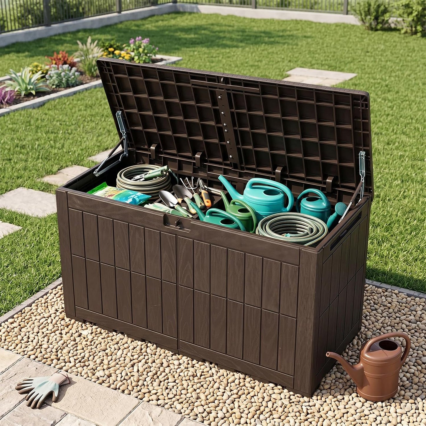 Tangkula 25 Gallon Waterproof Outdoor Storage Box with Lockable Lid | PP Resin, Wicker Patterned, Indoor Outdoor Use, Portable, Versatility, for Deck, Pool, Patio Cushions, Garden Tools