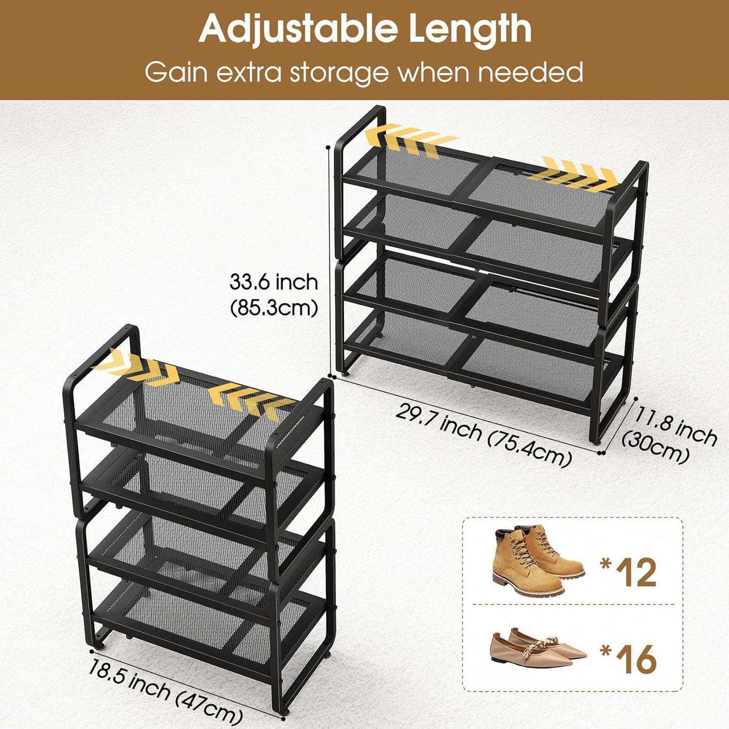 SAYZH Expandable Shoe Rack for Closet, Adjustable Metal Shoe Organizer with Sturdy Mesh Shelves for Boots & Heels, Stackable Shoe Storage for Entryway, Garage, Small Spaces (Black, 2-Tier)