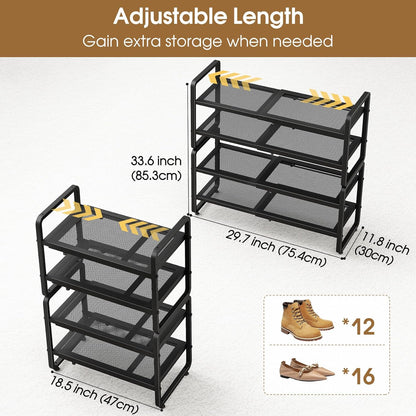 SAYZH Expandable Shoe Rack for Closet, Adjustable Metal Shoe Organizer with Sturdy Mesh Shelves for Boots & Heels, Stackable Shoe Storage for Entryway, Garage, Small Spaces (Black, 2-Tier)