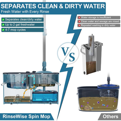 Spin Mop for Large Homes & Big Floor Cleaning, Clean & Dirty Water Separation Mop Bucket for Family & Pet Homes,4-Chamber System, Glide Wheels, Safe for Hardwood & Tile, Adjustable Handle, 6 Mop Heads