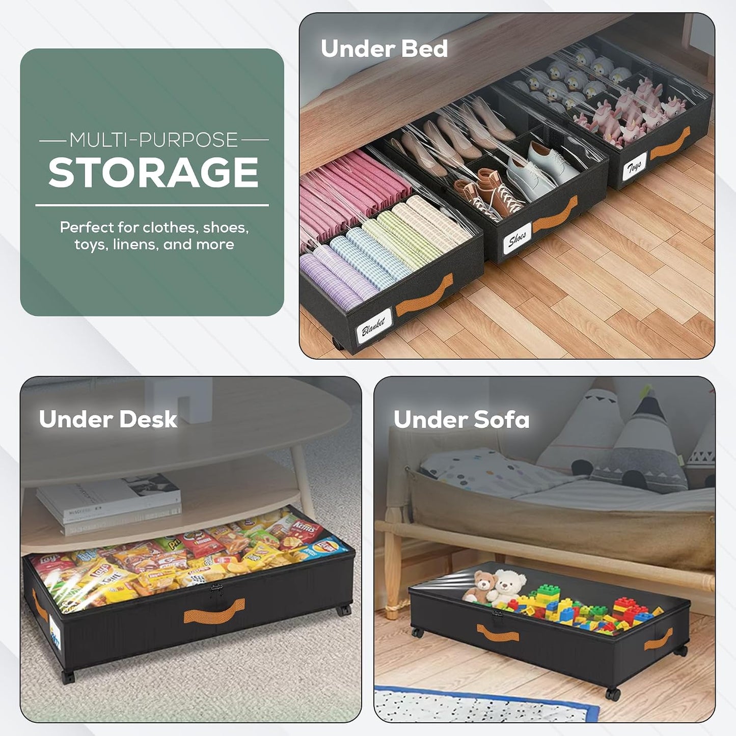 Under Bed Storage with Wheels, 2 Pack (36L Each)| Low Profile Storage Organizer with Clear Window, Double Zipper & 360° Locking Wheels – Rolling Metal Drawer for Clothes, Shoes, & More (Gray)